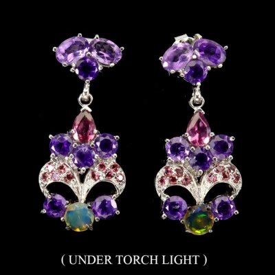 Pendientes de plata de ley 925 ovalados amatista ópalo de fuego rodolita piedras preciosas joyería Foto 1 de 4