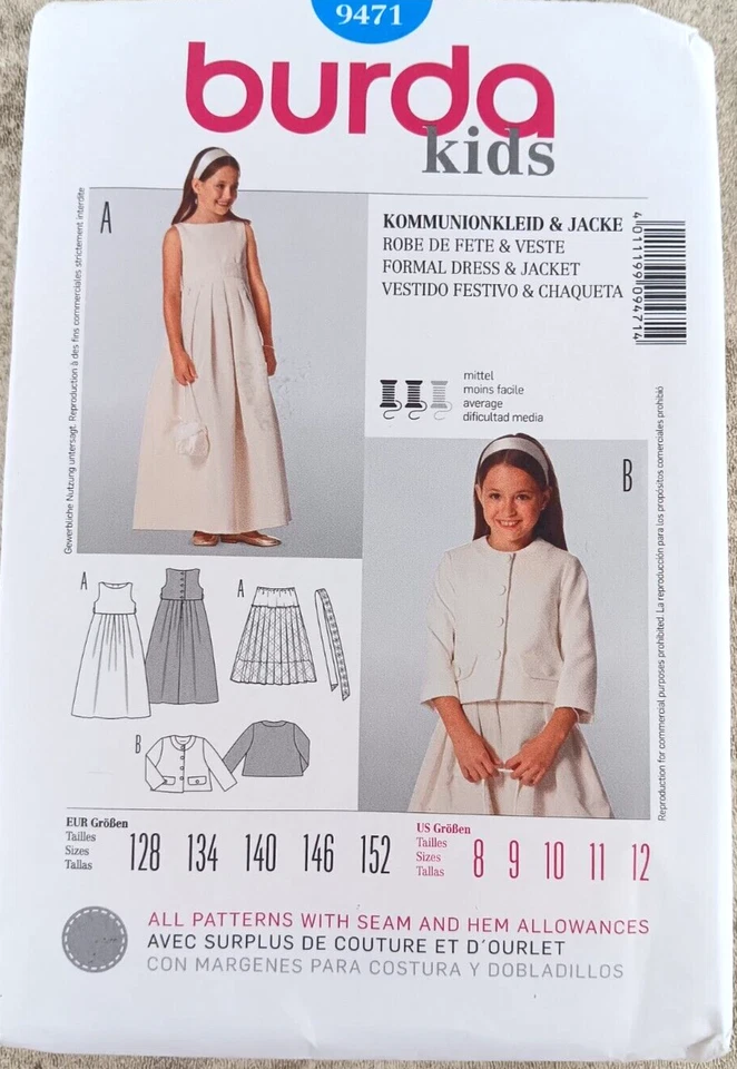 Burda Kids Sewing Pattern #9471 Girls Dress Jacket Skirt Belt Sizes 8-12 - Image 1 of 3