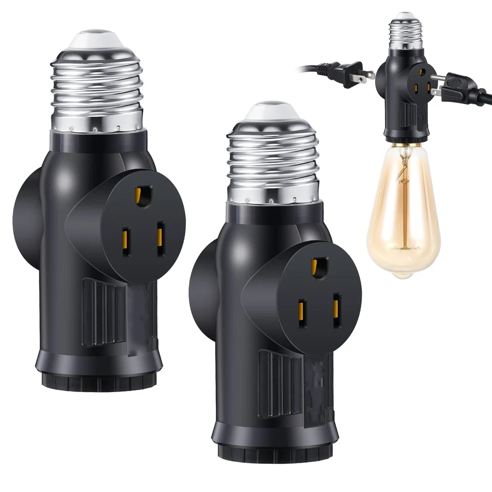 2Pcs Light Bulb Outlet Socket Adapter E26/E27 Lamp Bulb to 2/3 Prong Plug Black - Image 1 of 4
