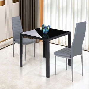 3Pcs Square Tempered Glass Dining Table and 2 High Back Padded Chairs Dining Set - Picture 1 of 12