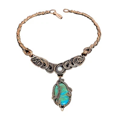 Collar de cadena envolvente de alambre de piedra lunar arco iris piedras preciosas crisocola joyería cobre Foto 1 de 4