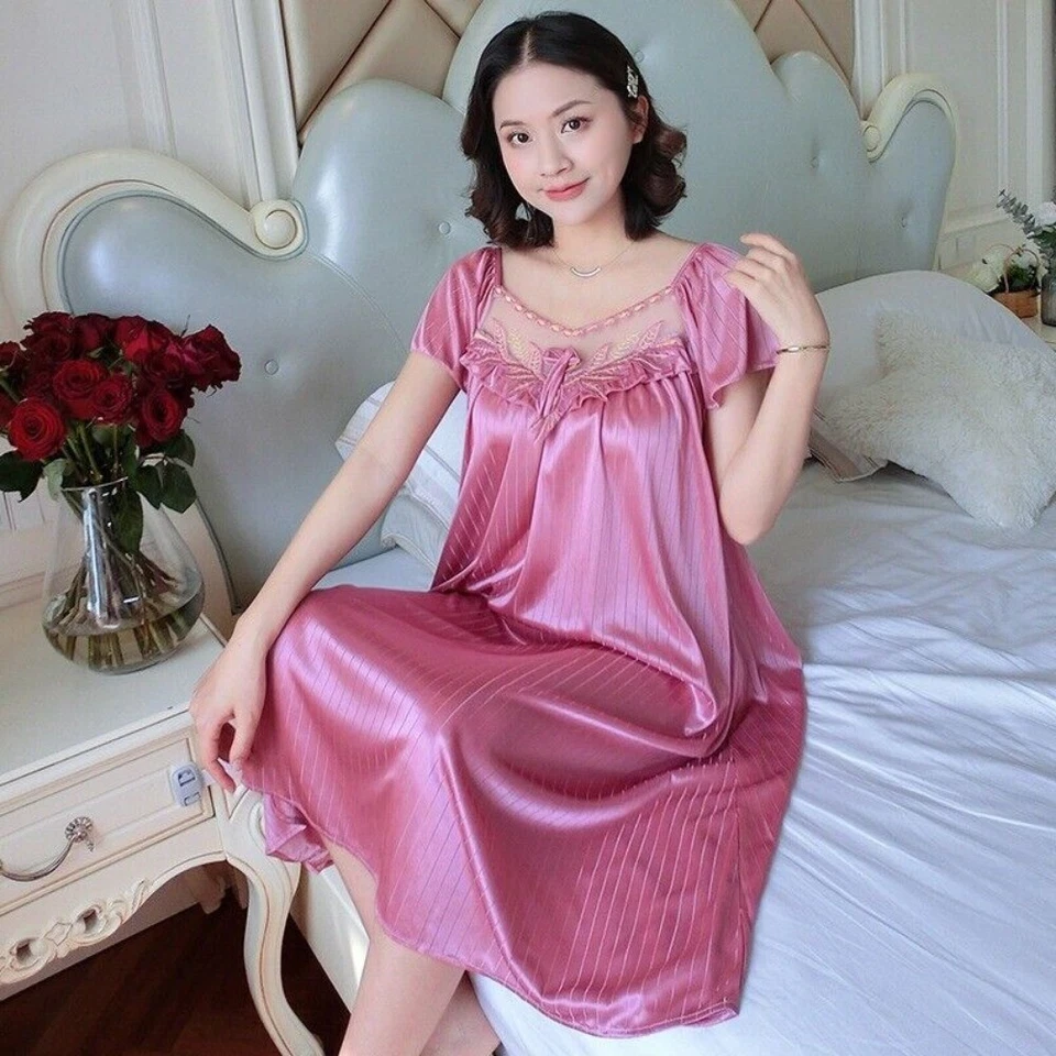 Women Silk Satin Sexy Sleepwear Short Sleeve Nightgown Robes Night Dress Nightie - Image 1 of 4