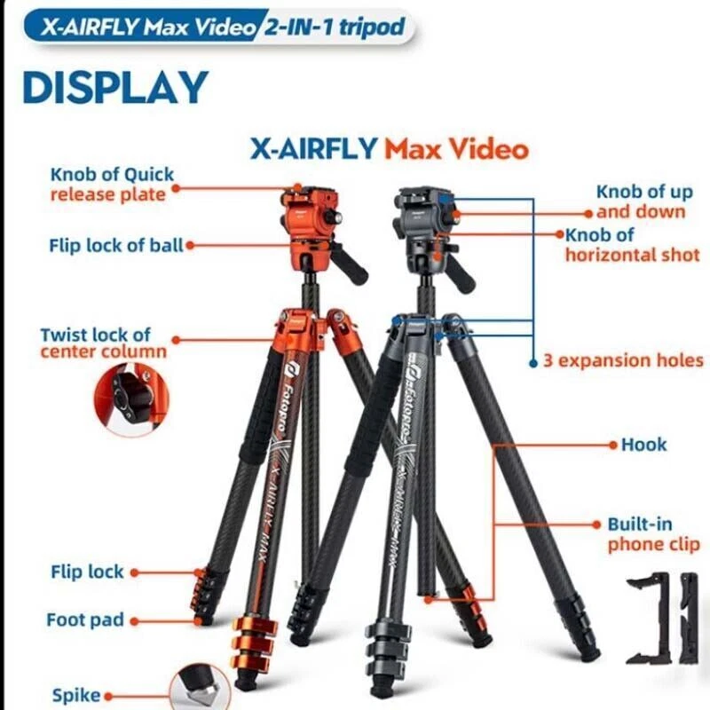 Fotopro X-AIRFLY Max Carbon fiber Video Travel Tripod/Monopod w Ball/Fluid Head - Image 1 of 4