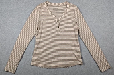 Blusa feminina Patagonia pequena manga longa listrada malha elástica gola V algodão orgânico - Imagem 1 de 4