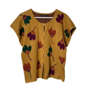 Top cardigan Gudrun Sjoden fiori gialli in maglia floreale manica corta S art boho - Foto 1 di 9