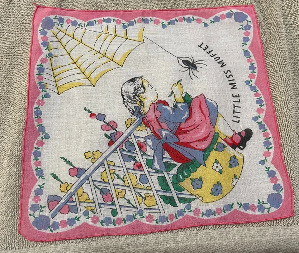 Childs Little Miss Muffet коричневый паук синий и желтый цветы розовый край носовой платок - Изображение 1 из 4