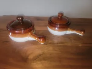 French Onion Soup Bowls(2)Dishes W/Handles&Lids Brown/Beige-Vintage Stoneware - Picture 1 of 5