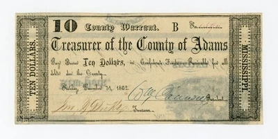 1862 $10 The County of Adams - Natchez, MISSISSIPPI Note CIVIL WAR Era - Image 1 of 2