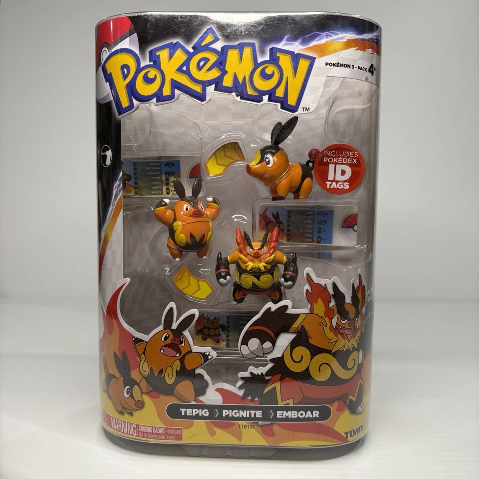 Pokemon Evolution Paquete de 3 figuras de Emboar Tepig Pignite y 3 etiquetas de identificación de Pokedex TOMY Foto 1 de 4