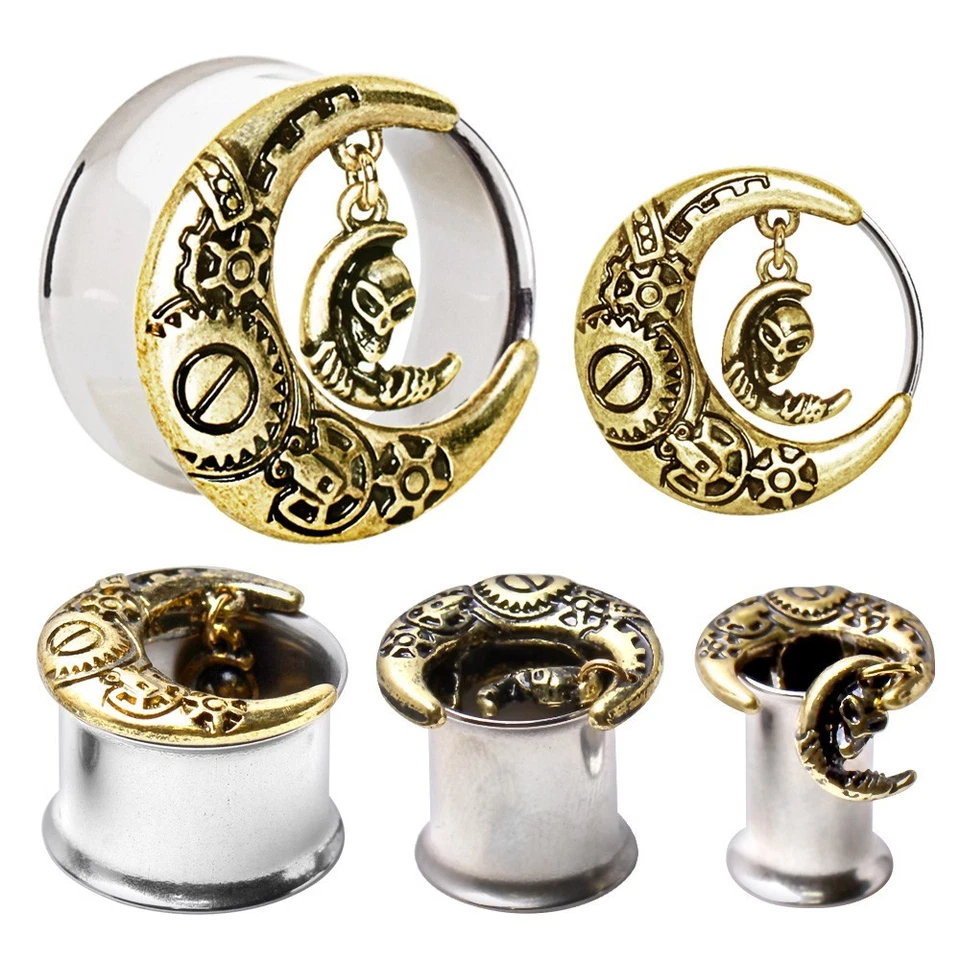 PAIR of Gold Plated Steam Punk Crescent Moon Tunnel Plug with Alien Dangle - Image 1 of 4