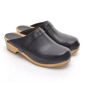 Ladies Swedish Hasbeens Classics Husband Clog 40 / 9.5 Black Leather Heels Shoes - Picture 1 of 7