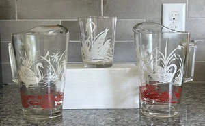 MCM Vintage White Swans & Red Lilypads Glass Pitchers and Drinking Glass (3 pcs) - Picture 1 of 7