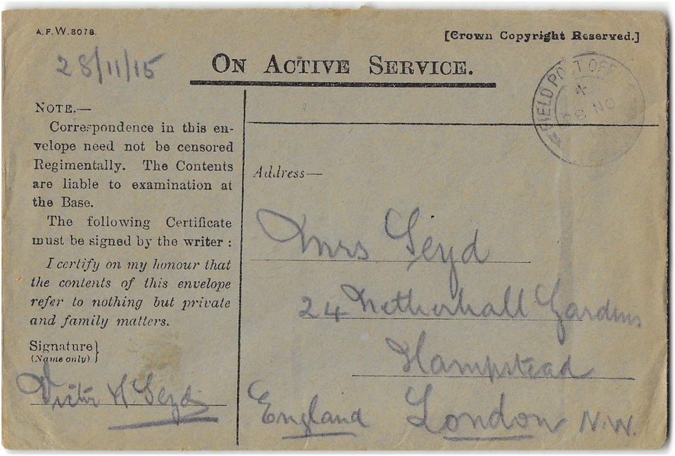 Почта солдата Первой мировой войны в Лондон Англия, 1915 - Изображение 1 из 1