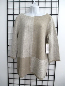"NEW CHICO'S / ORG $64.95 🌸 SIZE 2 / 12==METALLIC BEIGE & IVORY TUNIC SWEATER - Picture 1 of 10