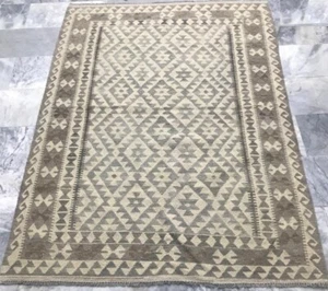 Alfombra Kilim Azteca Afgana Hecha a Mano Kilim Lana Natural Sin Teñir Sala 150x202cm - Imagen 1 de 3