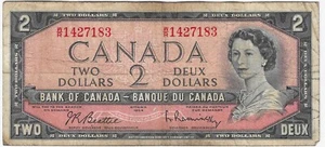 Canada 2 Dollars 1954 W/R Beattie-Rasminsky Circulated Pen - Picture 1 of 2