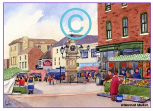 "TARJETA DE FELICITACIÓN DE ARTISTA CON IMPRESIÓN DE ACUARELA WILLENHALL MARKET WEST MIDS 8""x 6"" - Imagen 1 de 1