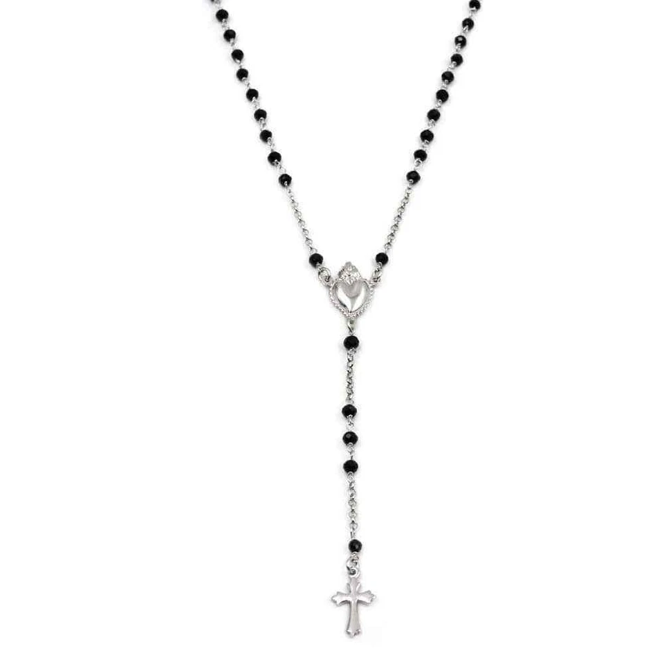 Rosario Sacro Cuore Argento 925 Zirconi Neri Collana Girocollo cm 52 - Immagine 1 di 4