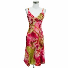 N1222 KOMAROV Designer Dress Size Small 4 6 Pink Green Crinkle Fabric Sundress