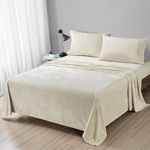Distressed Velvet Sheet Set, 4 Pieces Beige Queen, Ultra Soft, Warm - Picture 1 of 6