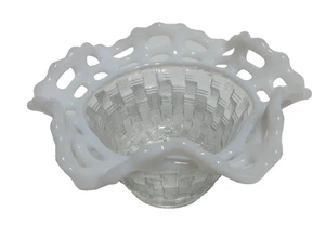 VTG Fenton Art Glass Opalescent White Bowl Basket Weave Ruffled Lace Edge 5" - Picture 1 of 5