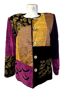 INDIGO MOON Jacket Women's Sz M Plum Black Gold Embroidered Tapestry Patchwork - Picture 1 of 6