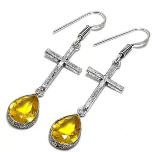 Sterling Silver Natural Aaa+++ Citrine Sister Dangle Drop Hook Earrings Jewelry - Picture 1 of 7