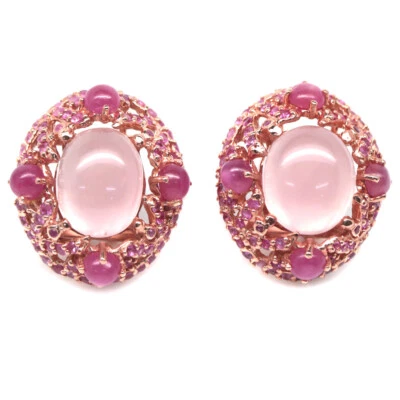 925 Sterlingsilber 12 x 12 Mm. Rosa Rose Quarz, Rubin & Saphir Ohrringe - Bild 1 von 4