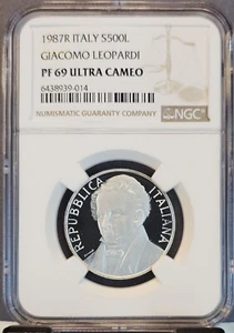 1987 ITALY SILVER 500 LIRE GIOCOMO LEOPARDI NGC PF 69 ULTRA CAMEO LOW MINTAGE - Picture 1 of 3