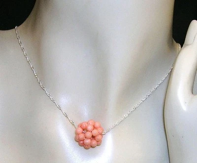 Pendente In Corallo Rosa Autentico 14-15 Mm E Catena Singapore In Argento 925 - Immagine 1 di 4