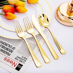 400PCS disposable gold plastic cutlery -includes 200 forks,100 spoons,100 knives - Picture 1 of 7