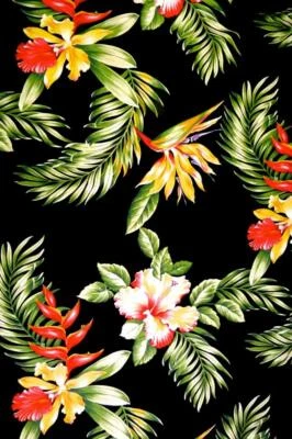 Estampado Hawaiano, Pua Kokio, Palekaiko, Awapuhi en Negro, Algodón, BTHY o BTY Foto 1 de 4