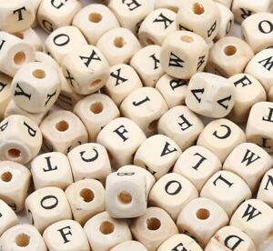 100 BEADS 10mm wooden square cubed alphabet beads mixed letters