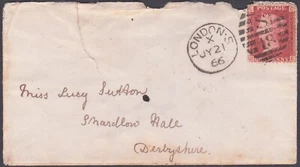 1864-79 SG43 1d RED PL.100 (OE) LONDON 'S18' DUPLEX ON COVER TO DERBY - Picture 1 of 3