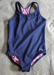 TYR One Piece Swimsuit Youth Girls L (10-12) Solid Navy Blue Swim Suit - Picture 1 of 4