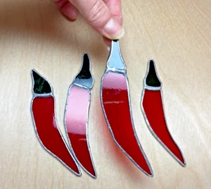 Red Chili Peppers Stained Glass Suncatcher - Vibrant & Unique - Set of Four - Picture 1 of 7