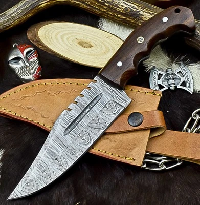Cuchillo Bowie de Acero Damasco Hecho a Mano Premium - Funda para Cuchillo de Caza Exterior Z-159 Foto 1 de 4