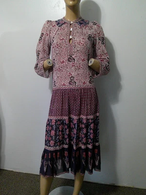 Vestido Midi Raro Verdadero De Colección Años 60 70 Estampado en Bloque India Gasa Gitano Hippie Boho Talla S Foto 1 de 4