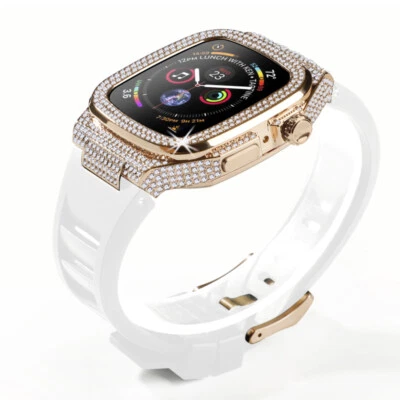 For Apple Watch 10 9 8 7 6 5 4 46mm 45mm 44mm Diamond Metal Steel Case FKM Band - Image 1 of 4