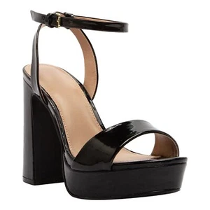 Women Platform Sandal Open Toe Buckle Ankle Strap Chunky Block Heel Black Patent - Picture 1 of 5