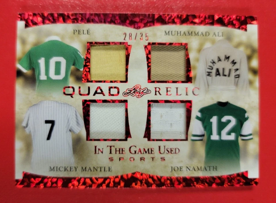 MUHAMMAD ALI PELE MICKEY MANTLE Joe Namath 4 GAME USED JERSEY CARD #d28/35 - Image 1 of 3