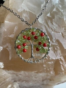 Handcrafted Tree of Life Necklace with August's Birthstone Peridot and Coral - Picture 1 of 6
