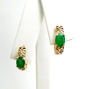 14K Yellow Gold 1/2" Openwork Oval Green Emerald Huggie Hoop Earrings N135