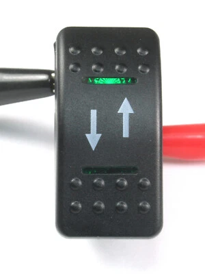 MOMENTARY Rocker Switch DPDT, 20A 12vdc, Illuminated GREEN Lens Up/Down Arrows - Image 1 of 4