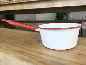 Padella pentola smaltata vintage manico rosso bianco 6" metallo - Foto 1 di 12