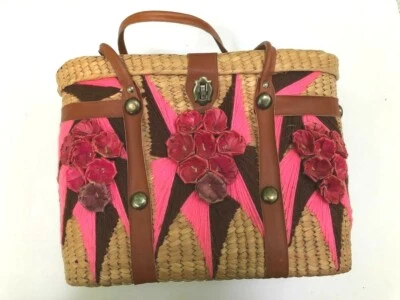 Como Nuevo Inusual Bolso de Mano Vintage Paja y Rafia Grande con Asa de Cuero - ¡genial! Foto 1 de 4