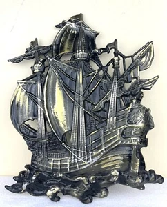 Vintage MCM Large Pirate Ship Wall Decor Gold Patina Antique Nautical 14 1/4” - Picture 1 of 12