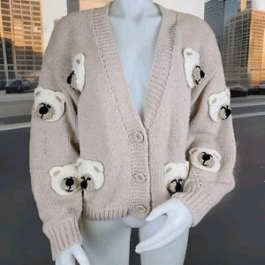 Chunky Teddy Bear Sweater Womens S Crochet Beige Cropped Cardigan Debut Animal - Picture 1 of 10