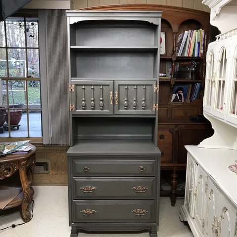 Sumpter Cabinet Co. Flat Olive Green Tall China Hutch with Gold Hardware Narrow Cover