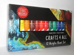 Crafts 4 All Artists 12 Acrylic Paint Set plus 3 Brushes Brand New - Picture 1 of 4